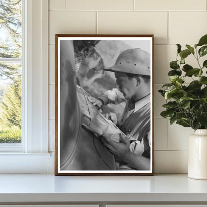 Man in Tropical Helmet Examines Rice in Crowley Louisiana 1938