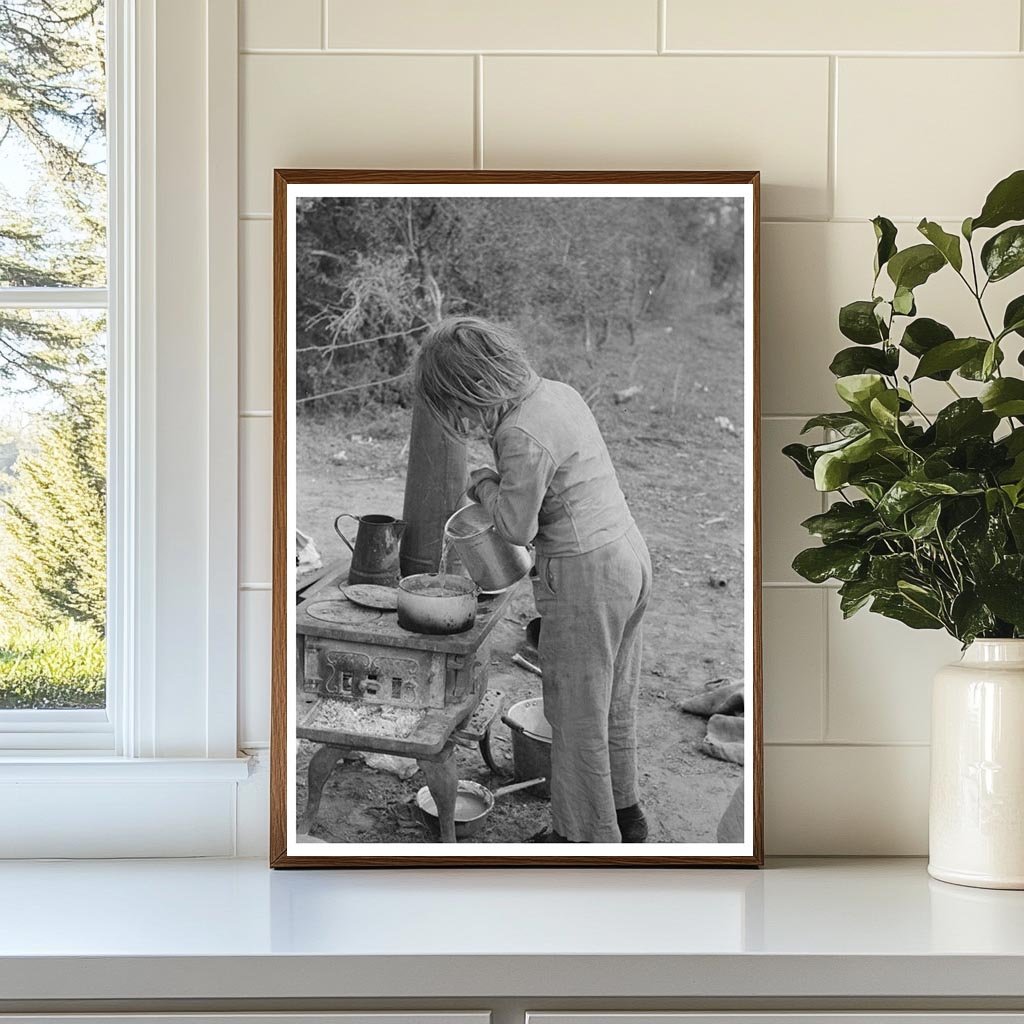 Child Adding Water to Boiling Beans in Texas Camp 1939