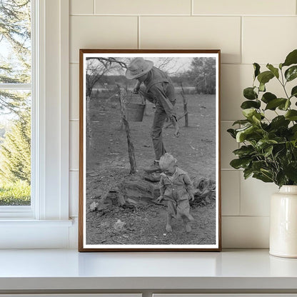 Child Climbing Fence with Water Pail Texas 1939