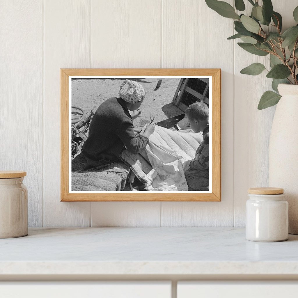 Migrant Auto Wreckers Wife Sewing Seat Cushion 1939