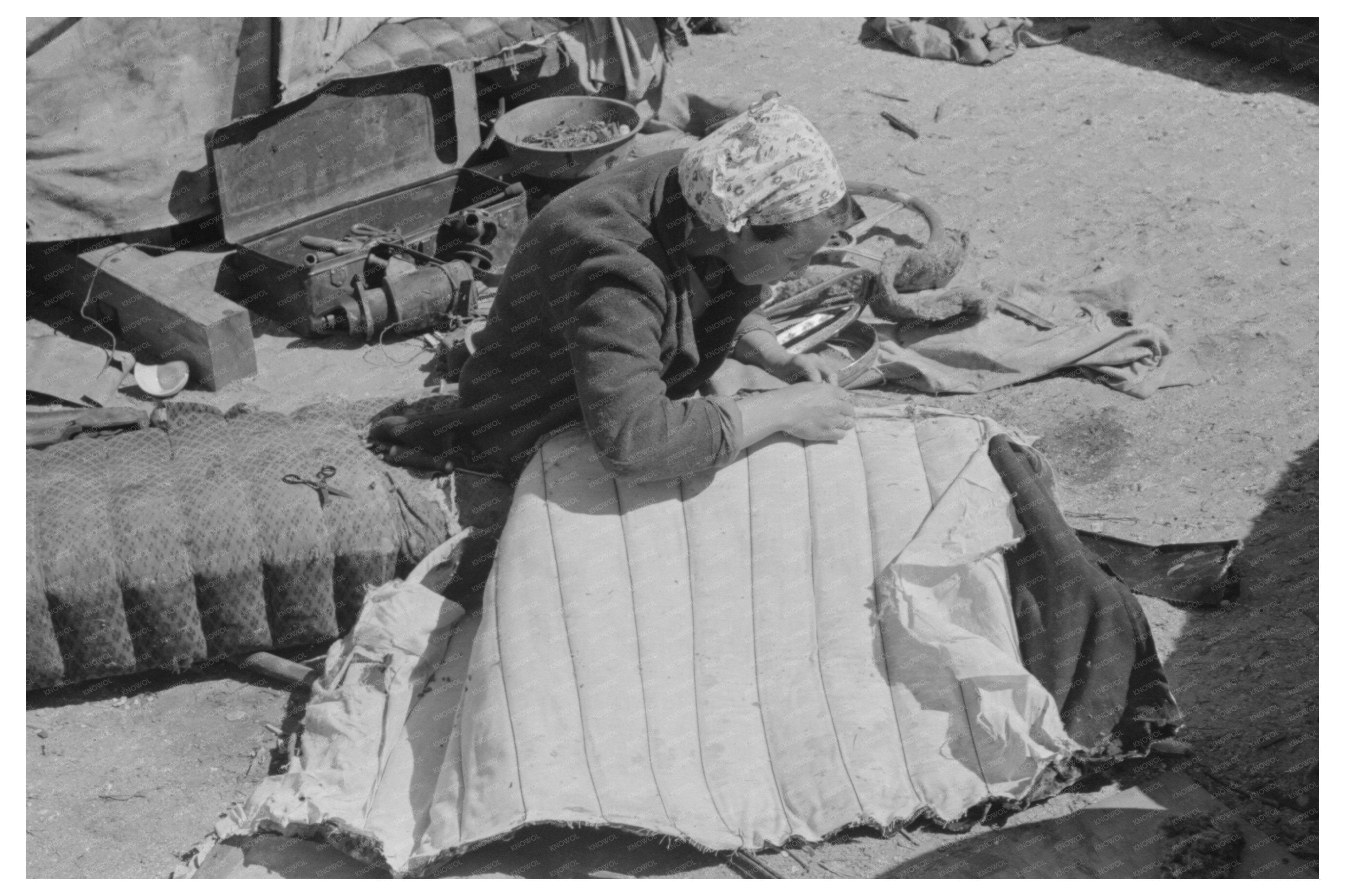 Woman Sewing Seat Cushion from Wrecked Car February 1939