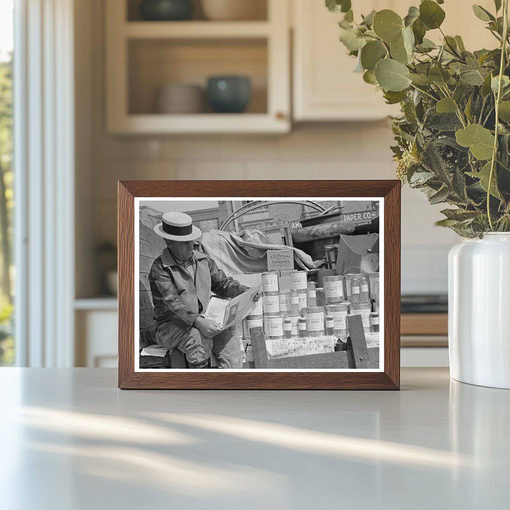 Honey Peddler Reading Newspaper in San Antonio 1939