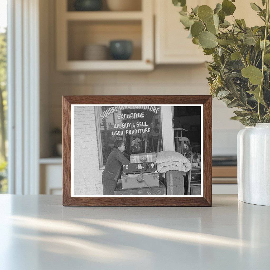 Woman in front of secondhand furniture store San Antonio 1939