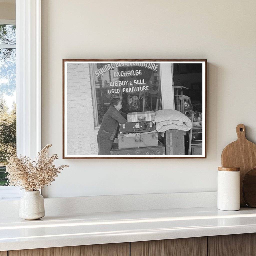 Woman in front of secondhand furniture store San Antonio 1939