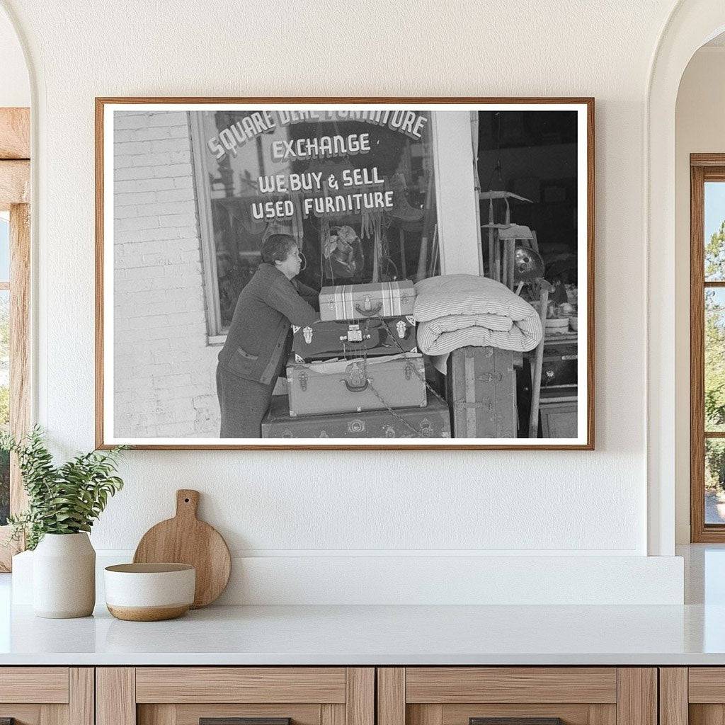 Woman in front of secondhand furniture store San Antonio 1939