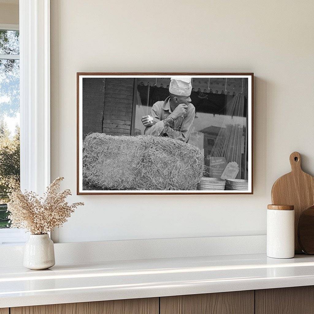 Man Leaning on Hay Bale San Augustine Texas 1939