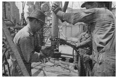 Oil Field Worker Attaching Nipple to Drill Stem 1939