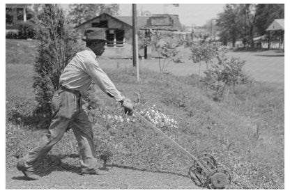 Man Mowing Lawn in San Augustine Texas 1939