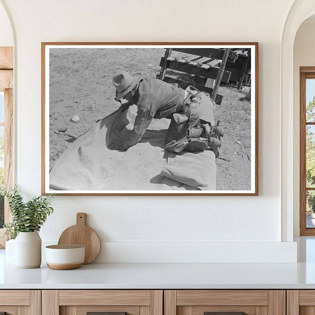 Cowboy Prepares Bedroll at Walking X Ranch May 1939