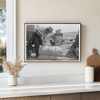 Cowboy Tying Bedroll on Cattle Ranch in Marfa Texas 1939