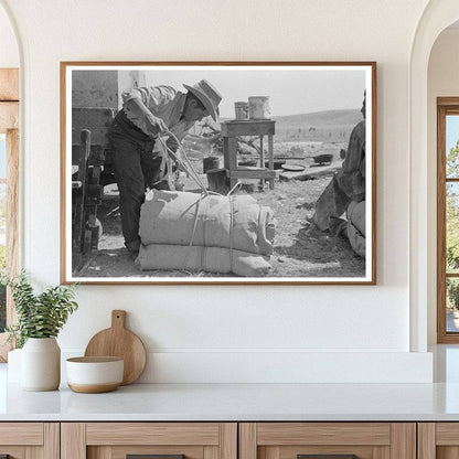 Cowboy Tying Bedroll on Cattle Ranch in Marfa Texas 1939