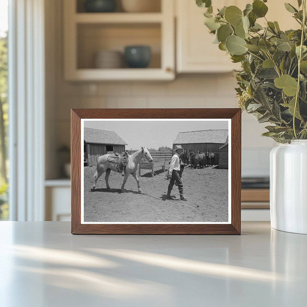 Cowboy and Saddled Horse at Spur Texas Ranch 1939