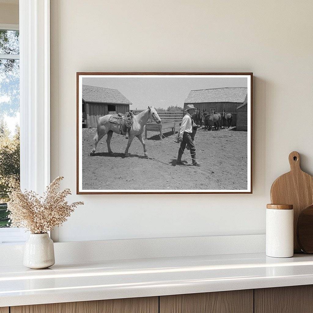 Cowboy and Saddled Horse at Spur Texas Ranch 1939