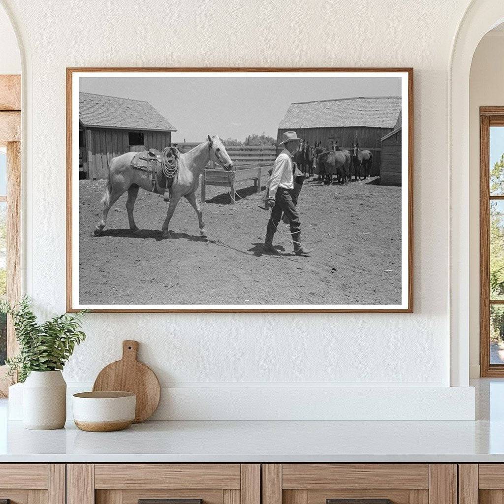 Cowboy and Saddled Horse at Spur Texas Ranch 1939