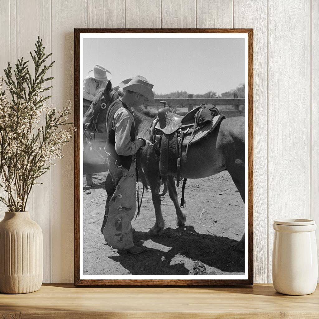 Rancher Tightening Saddle at SMS Ranch Texas May 1939