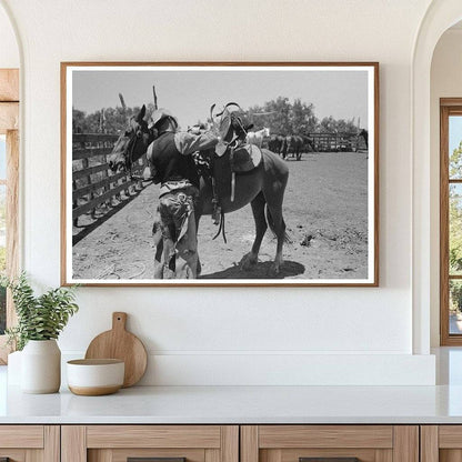 Cowboy Saddling Horse at SMS Ranch Spur Texas 1939