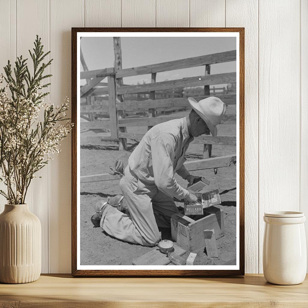 Cowboy Gathers Supplies for Cattle Inoculation 1939