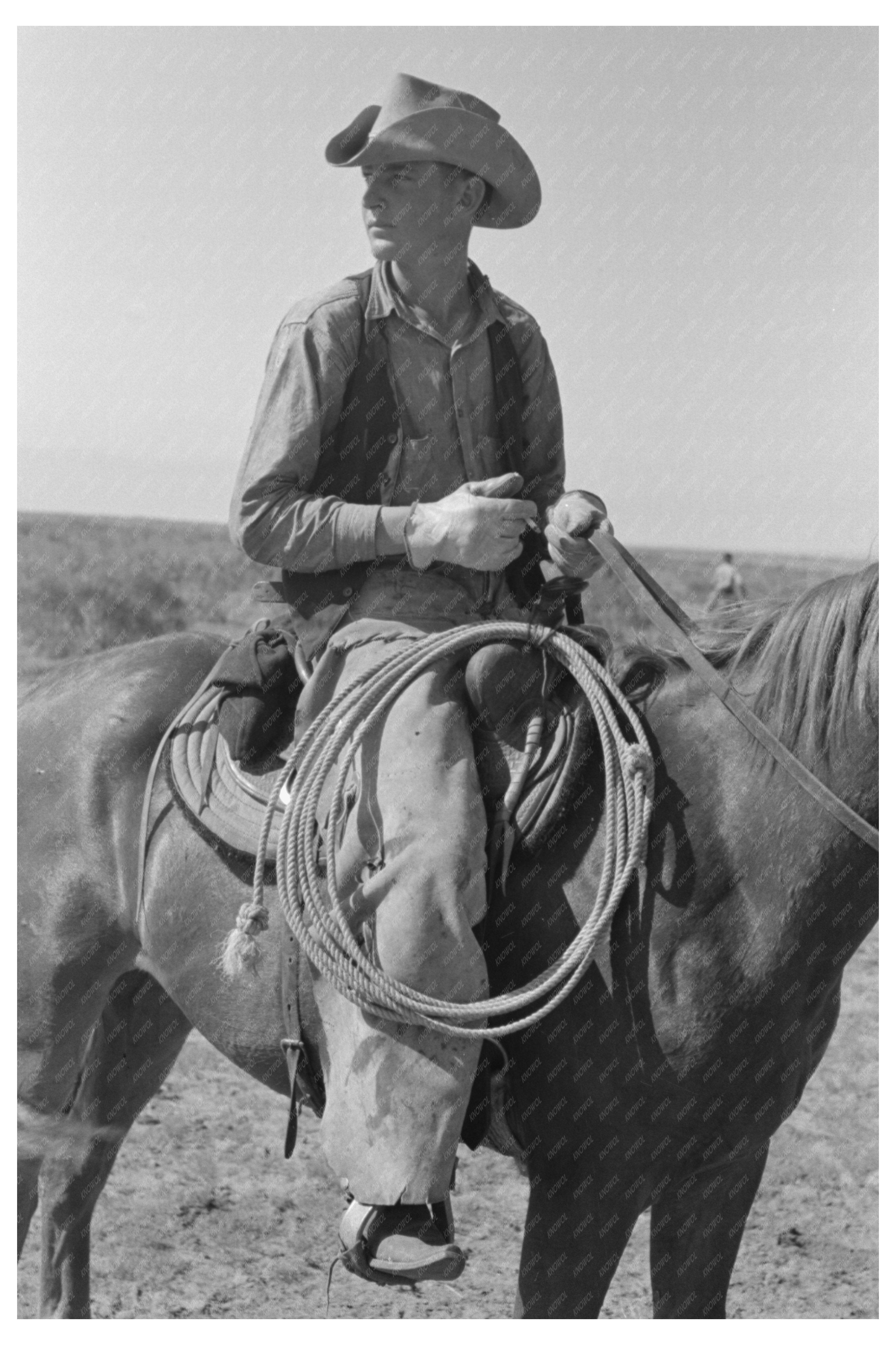 Cowboy Riding Horse at SMS Ranch Spur Texas May 1939