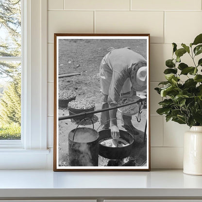 Camp Cook Prepares Meal Over Fire Spur Texas May 1939