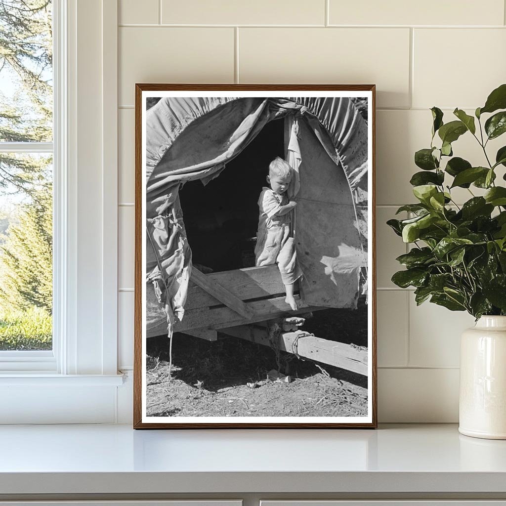 Young Boy Exiting Covered Wagon Trailer Oklahoma 1939