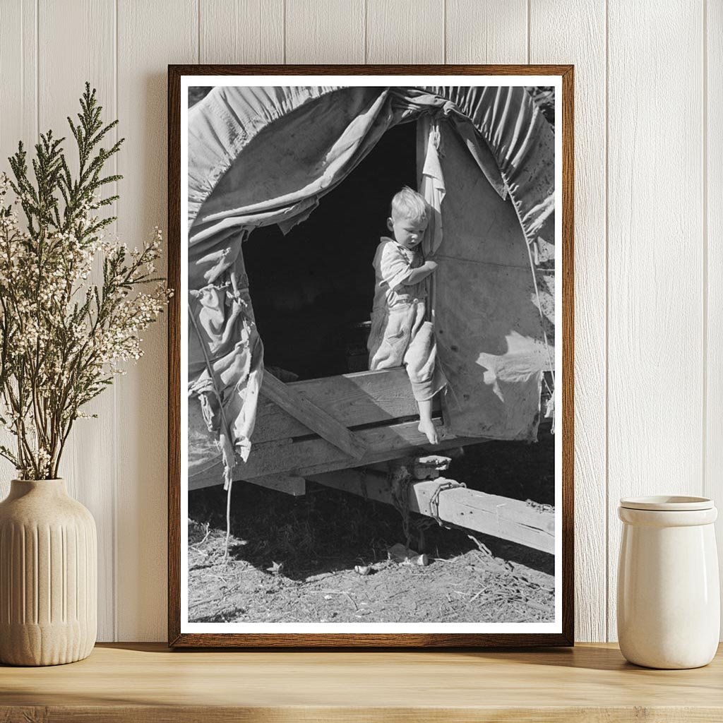 Young Boy Exiting Covered Wagon Trailer Oklahoma 1939