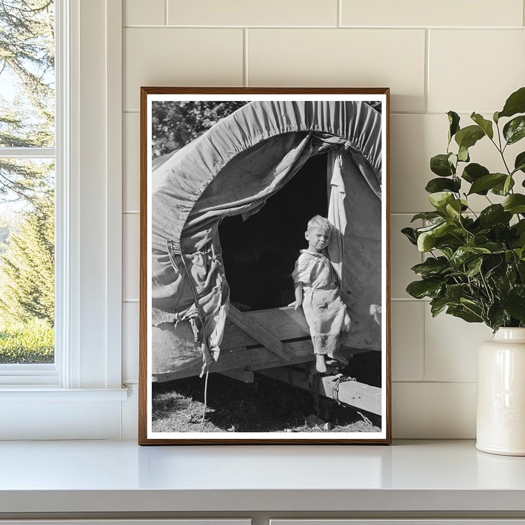 Young Boy Exiting Covered Wagon in Oklahoma 1939