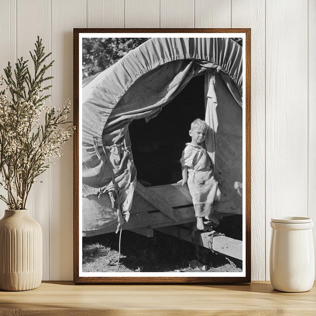 Young Boy Exiting Covered Wagon in Oklahoma 1939