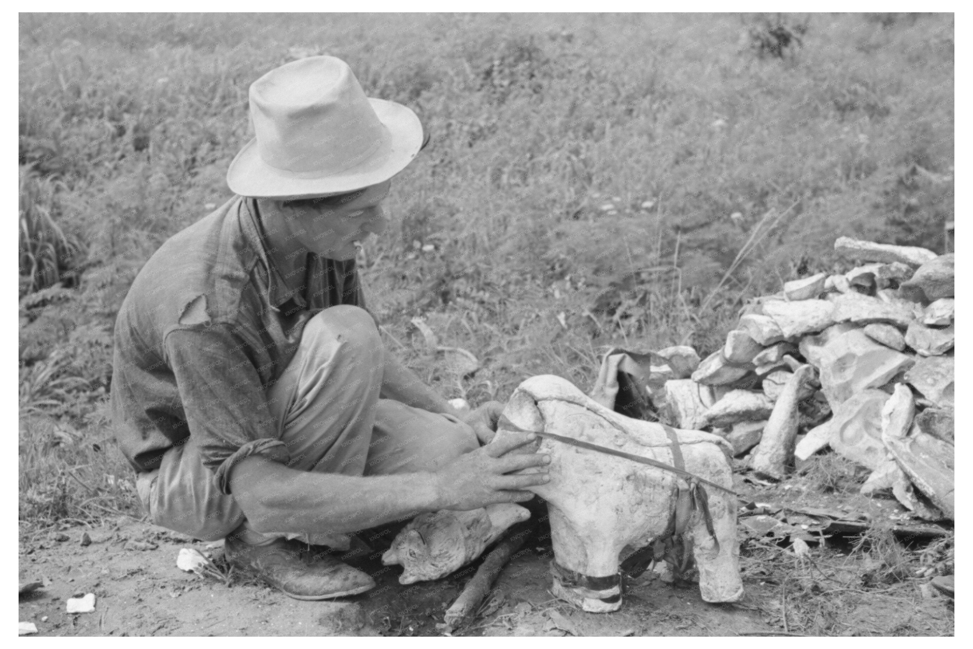 Statue Maker Assembles Mold in Spiro Oklahoma 1939