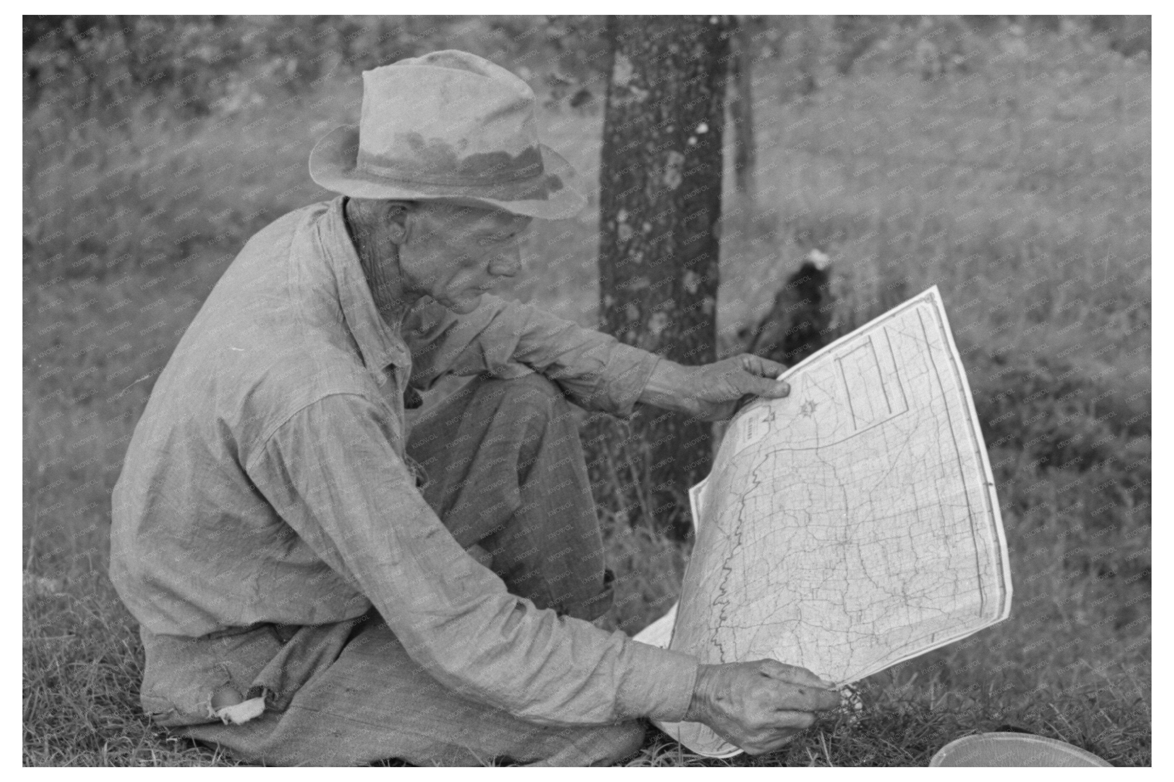 White Migrant Worker Studying Map Oklahoma June 1939