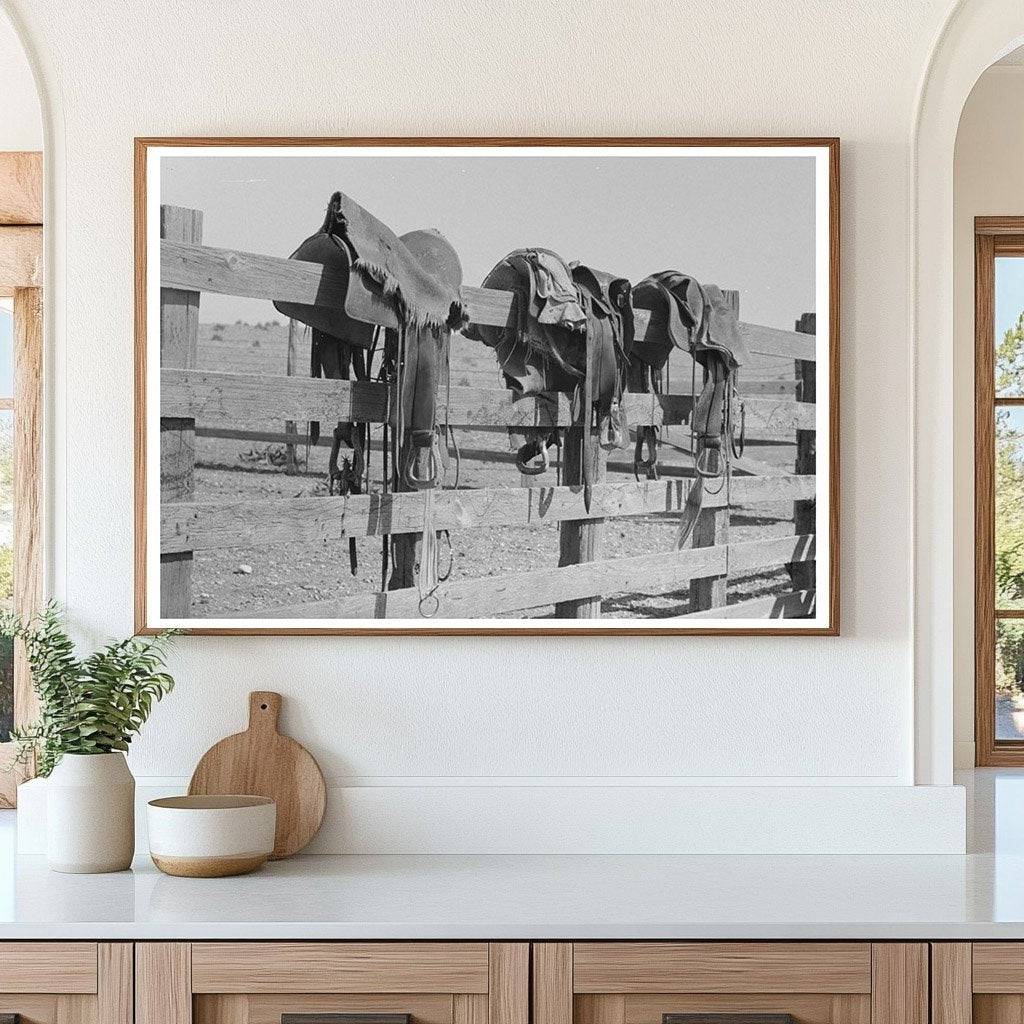 Vintage Saddles on Corral Fence Marfa Texas May 1939