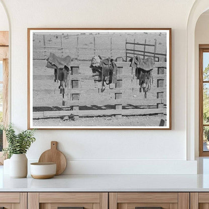 Saddles on Corral Fence Marfa Texas May 1939