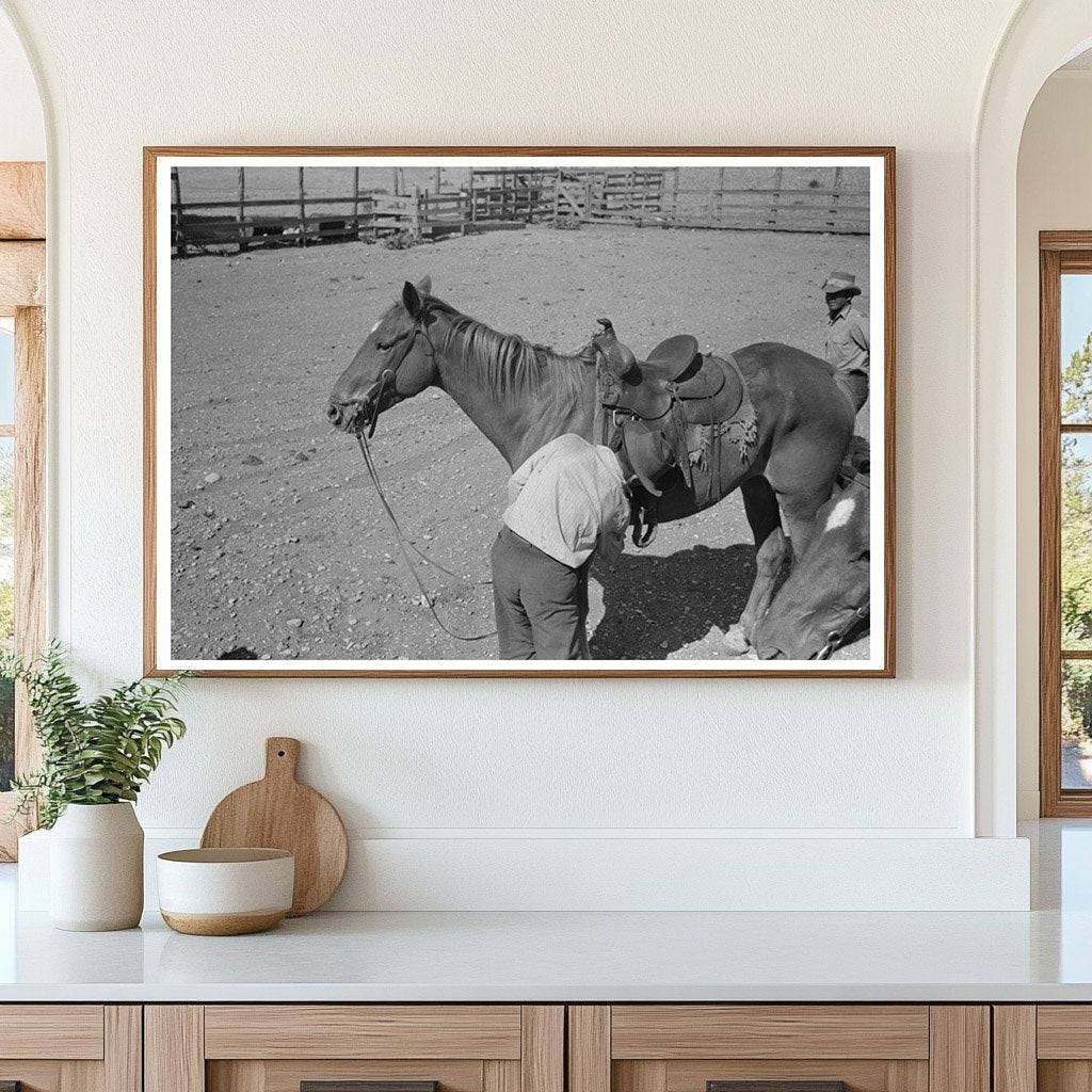 Cowboy Saddling Horse in Marfa Texas May 1939