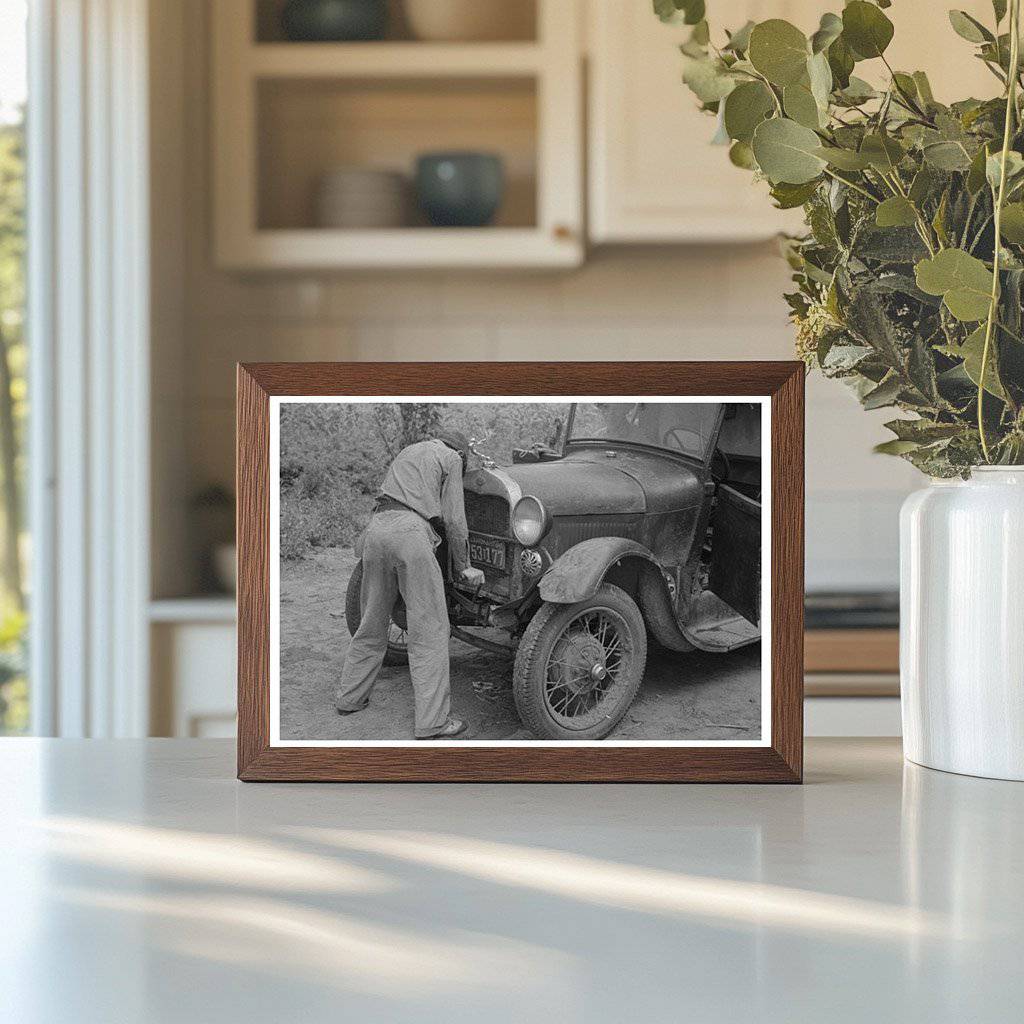 Migrant Boy Starting Car Muskogee Oklahoma 1939