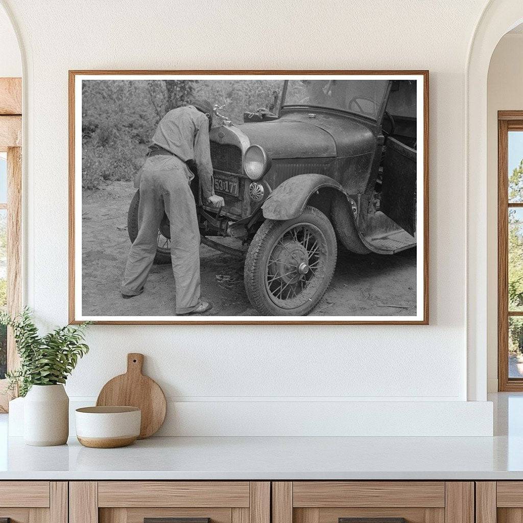 Migrant Boy Starting Car Muskogee Oklahoma 1939