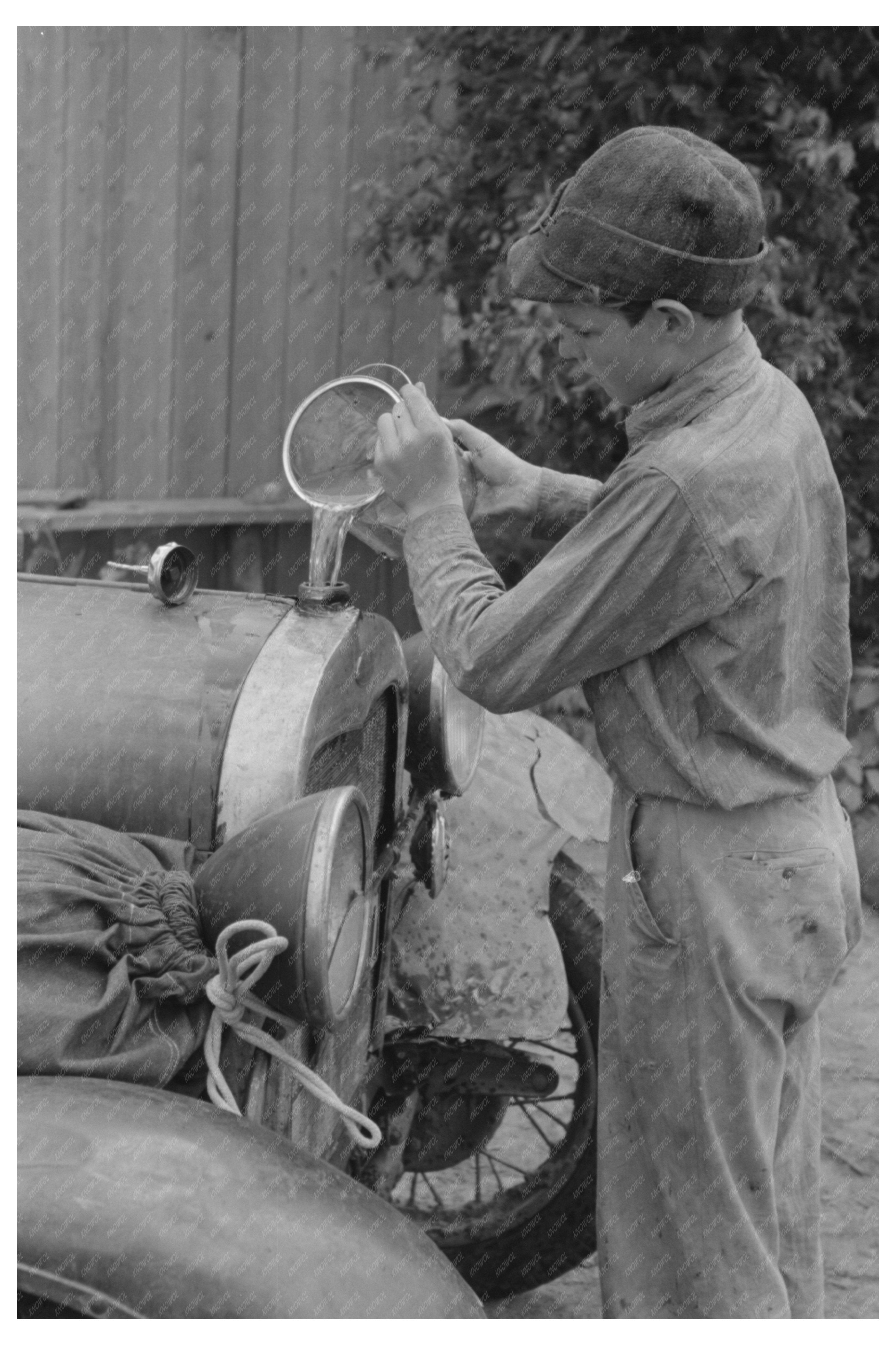 Migrant Boy Cranking Car Muskogee Oklahoma 1939