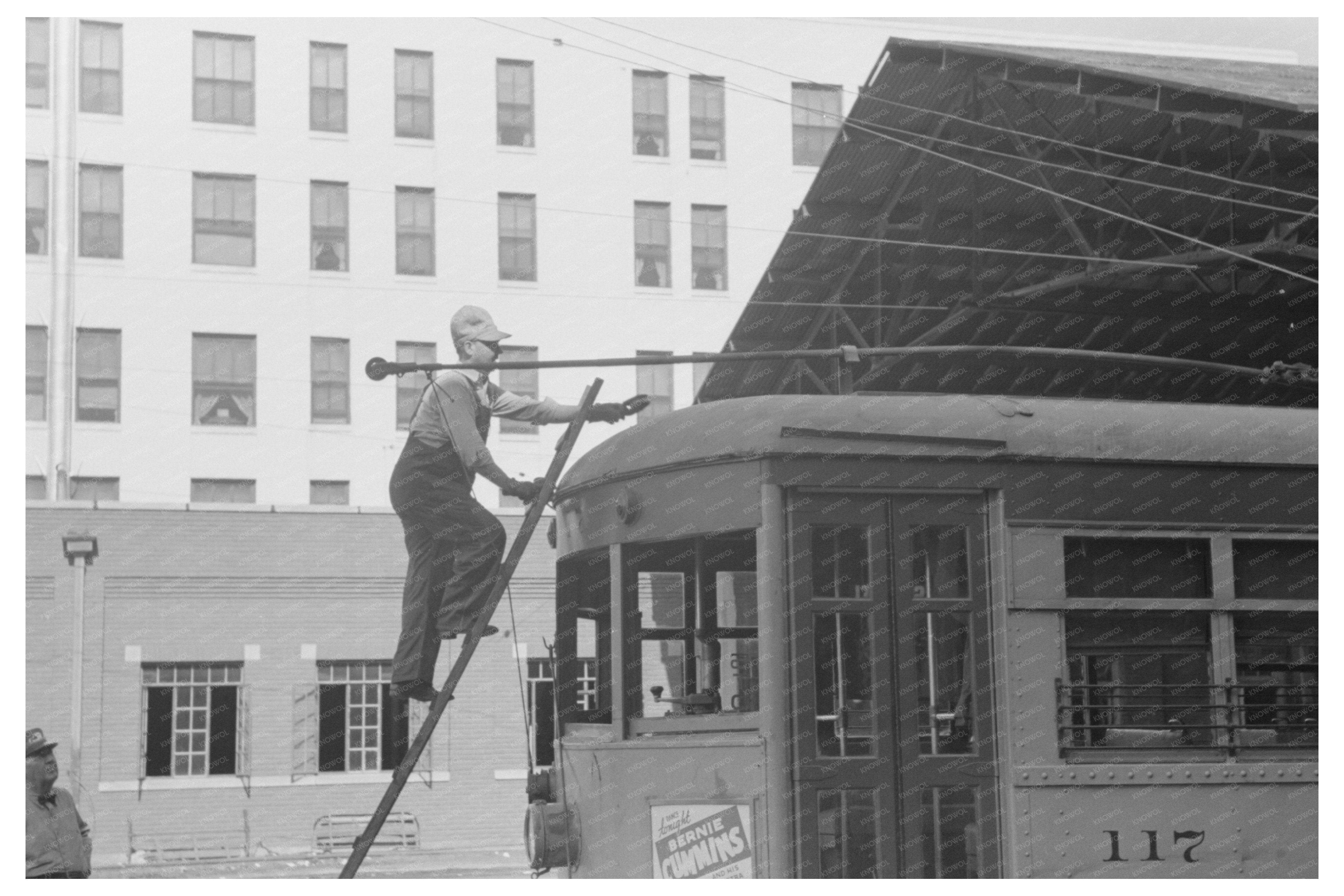 Workman Changing Wheel on Streetcar Oklahoma City 1939