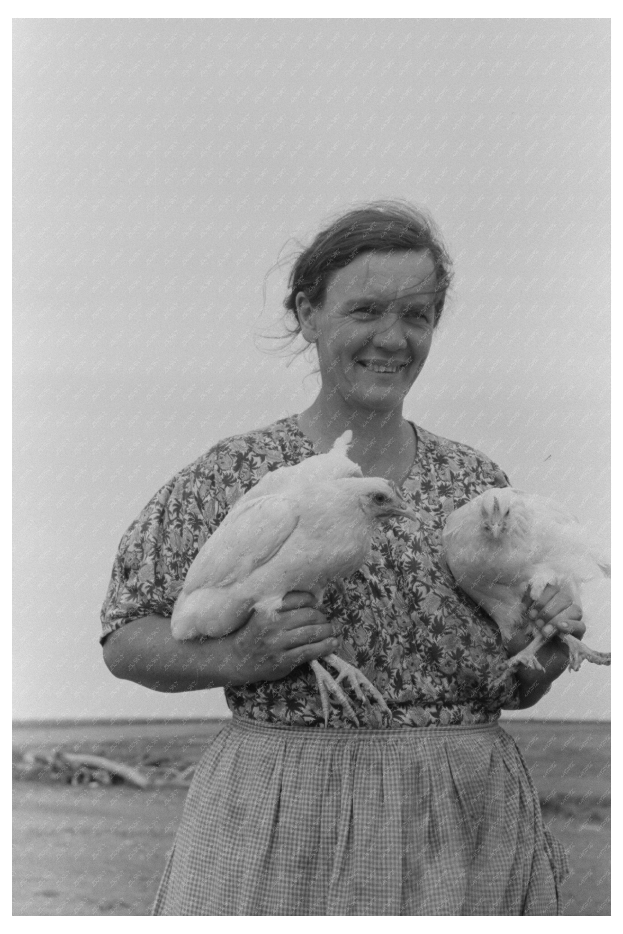 Mrs. Shoenfeldt with Chickens in Kansas August 1939