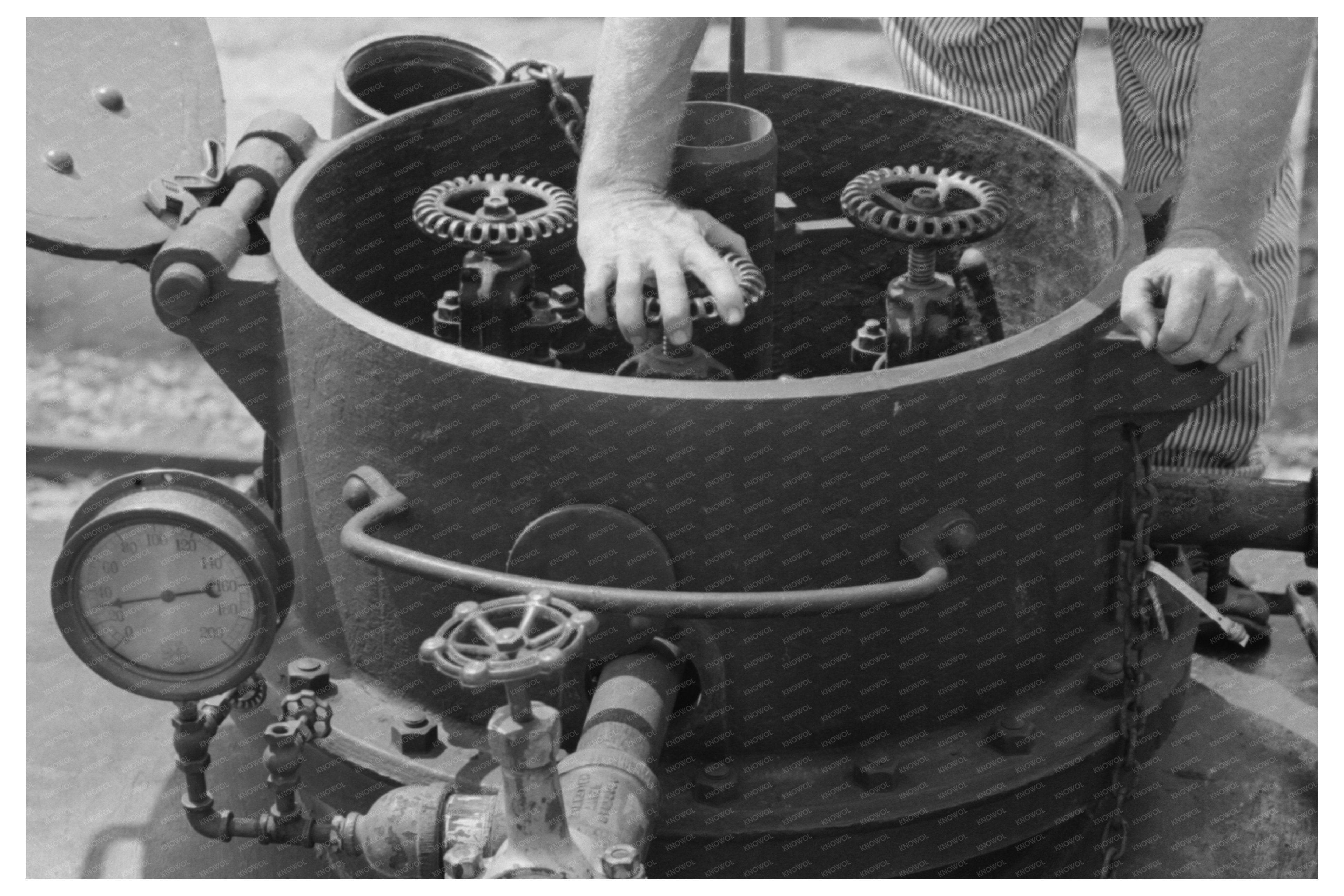 Workers Opening Gas Tank Car in Oklahoma Oil Fields 1939