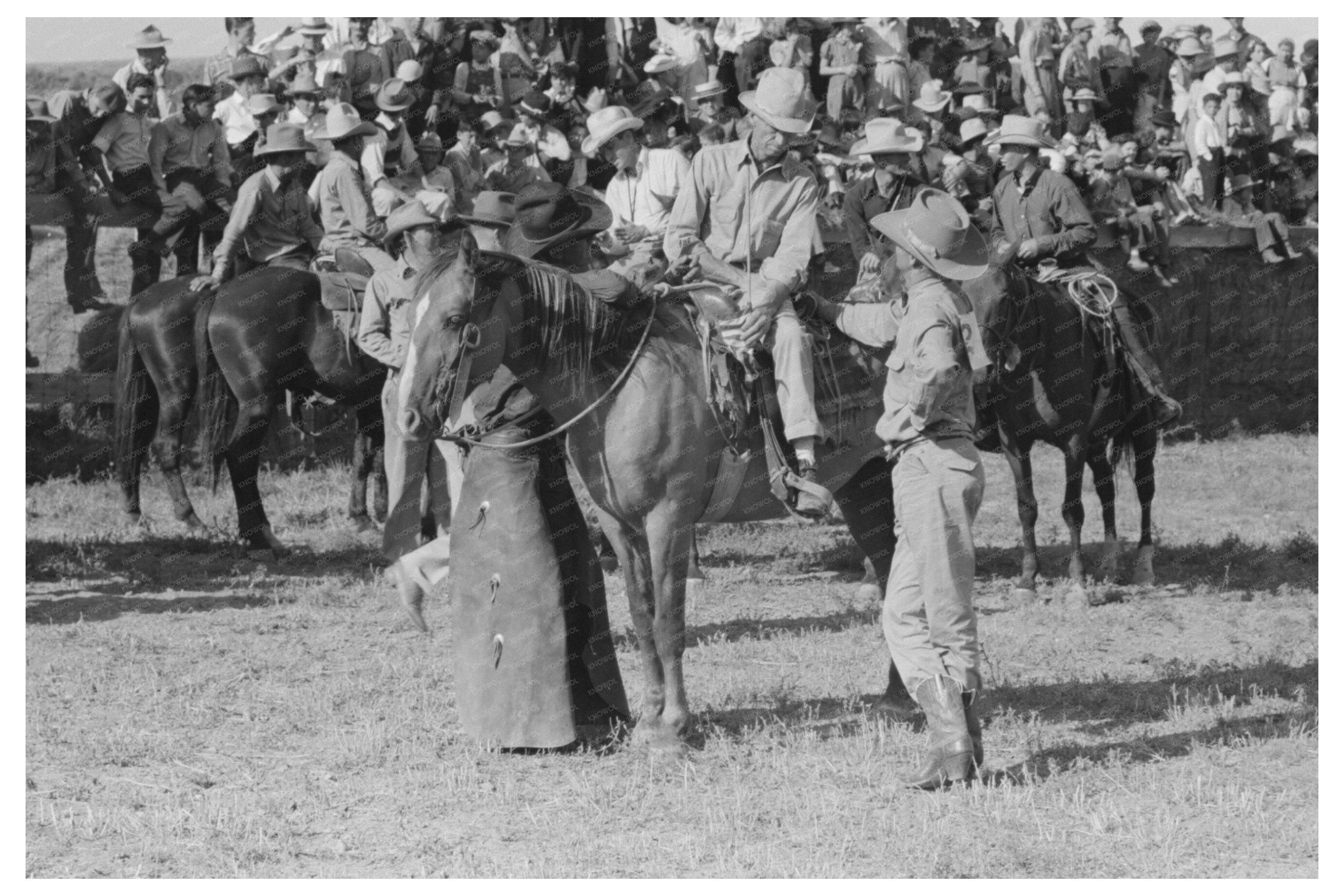 Cowboys at Bean Day Rodeo Wagon Mound New Mexico 1939