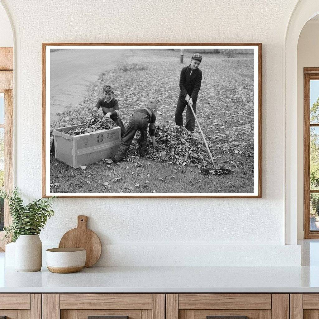 Young Boy Raking Leaves in Bradford Vermont 1939