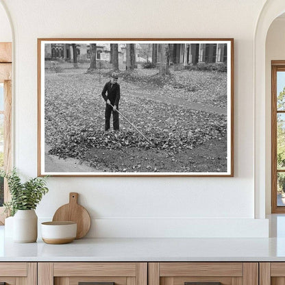 Boy Raking Leaves on Lawn in Bradford Vermont 1939