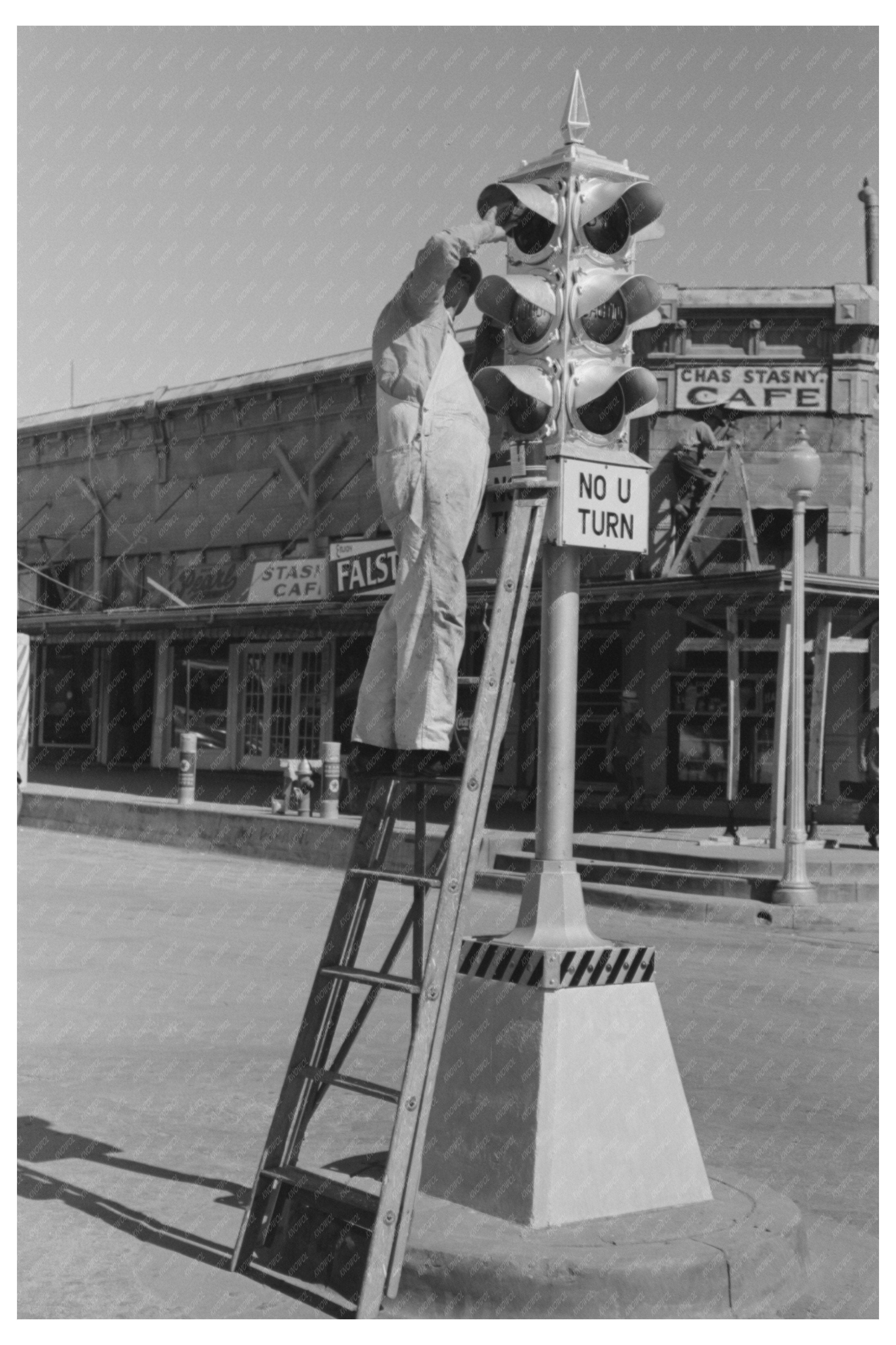 Workers Painting Traffic Lights in Taylor Texas 1939