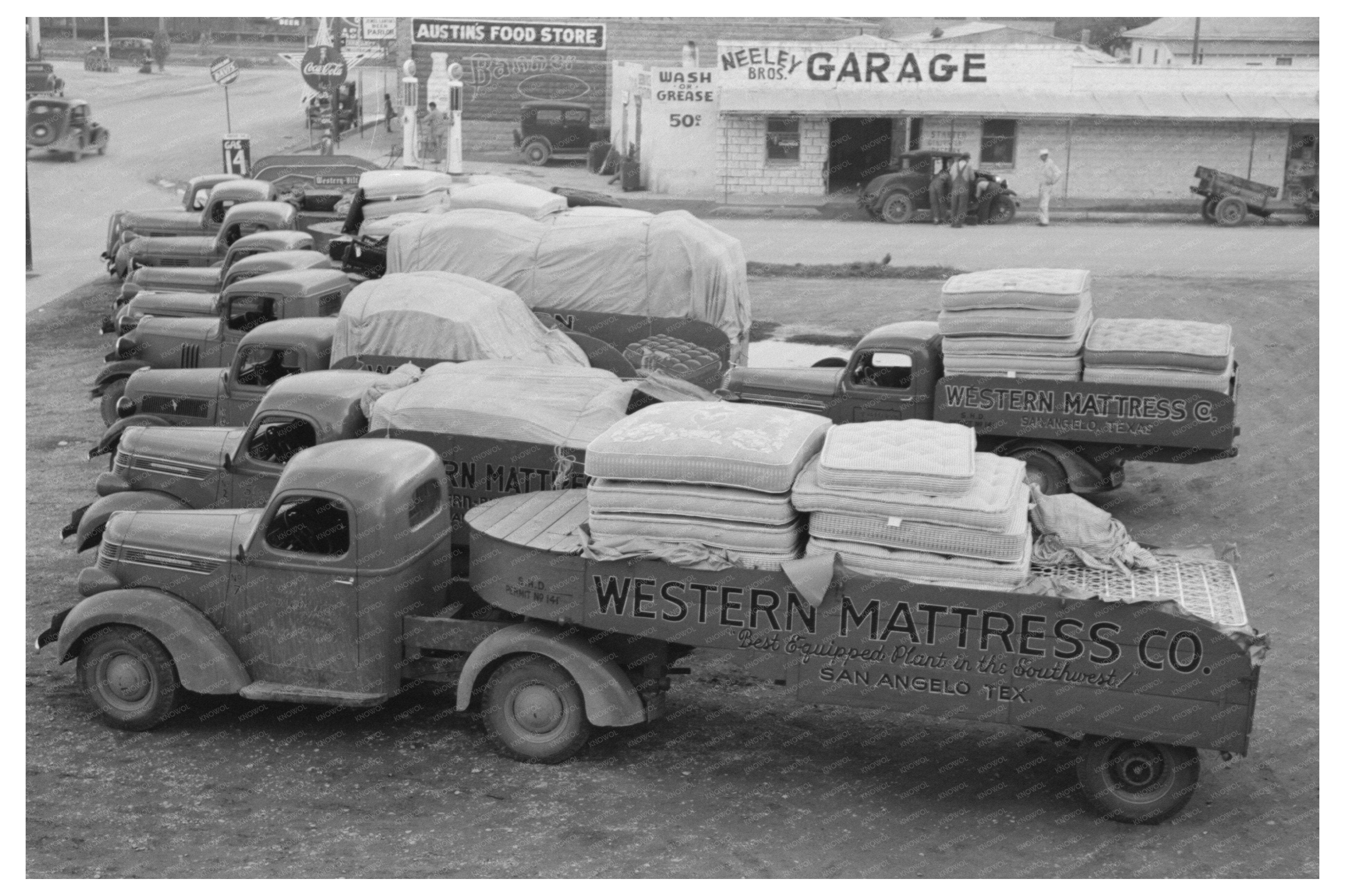 Trucks with Mattresses in San Angelo Texas 1939