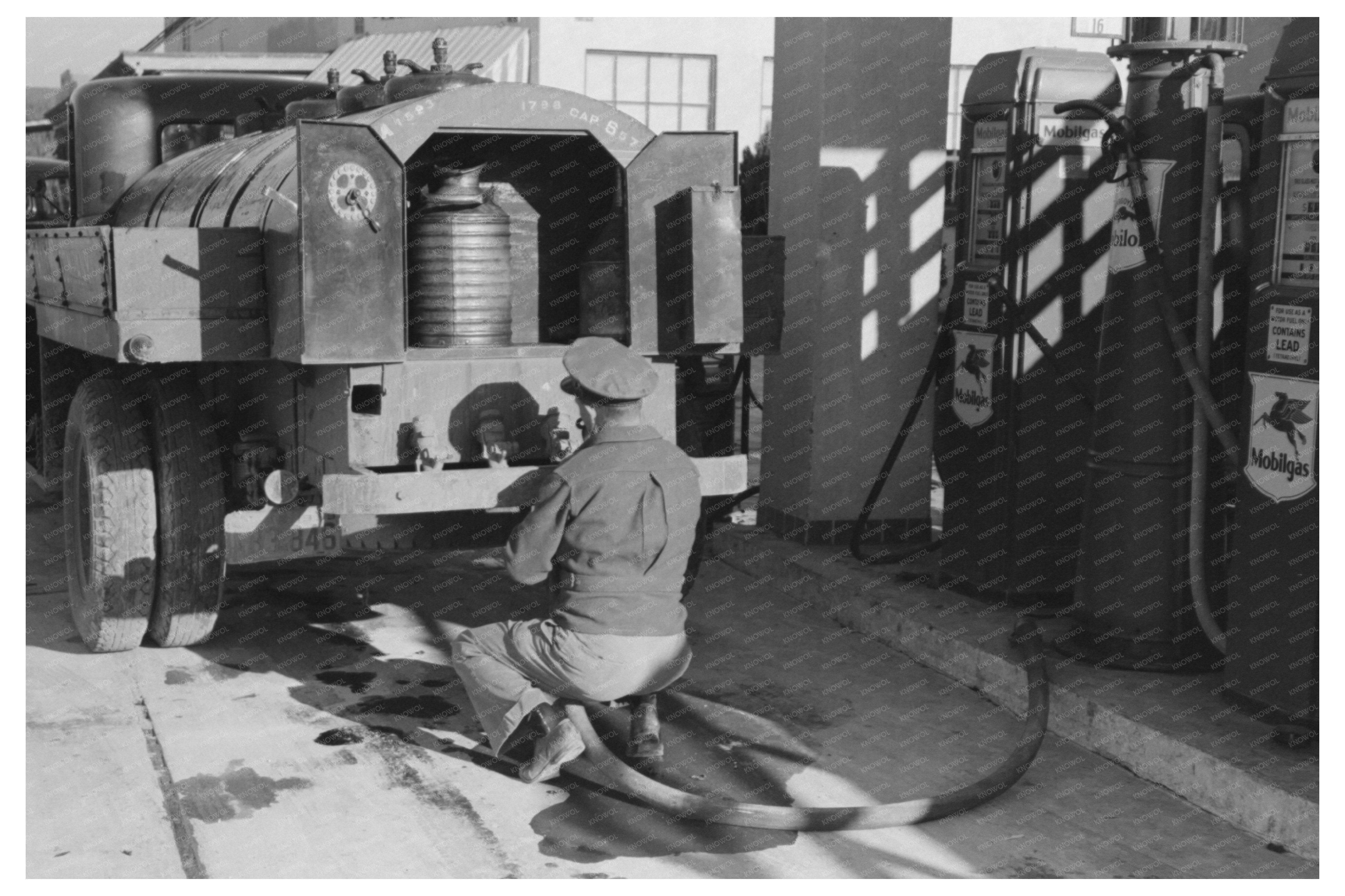 Gasoline Truck Driver Fills Tank in San Angelo Texas 1939