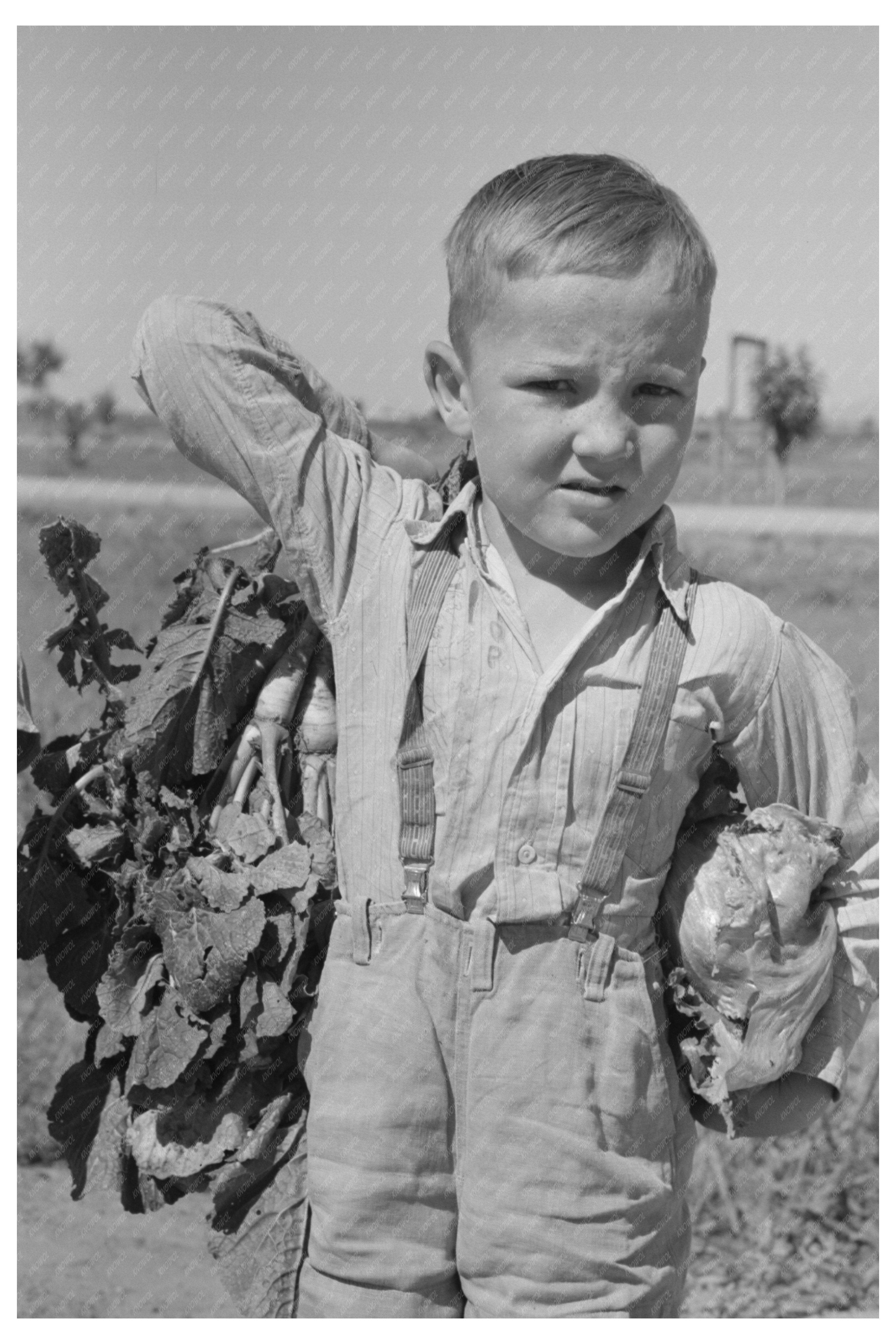 Young Boy with Vegetables from Casa Grande Valley Farms 1940