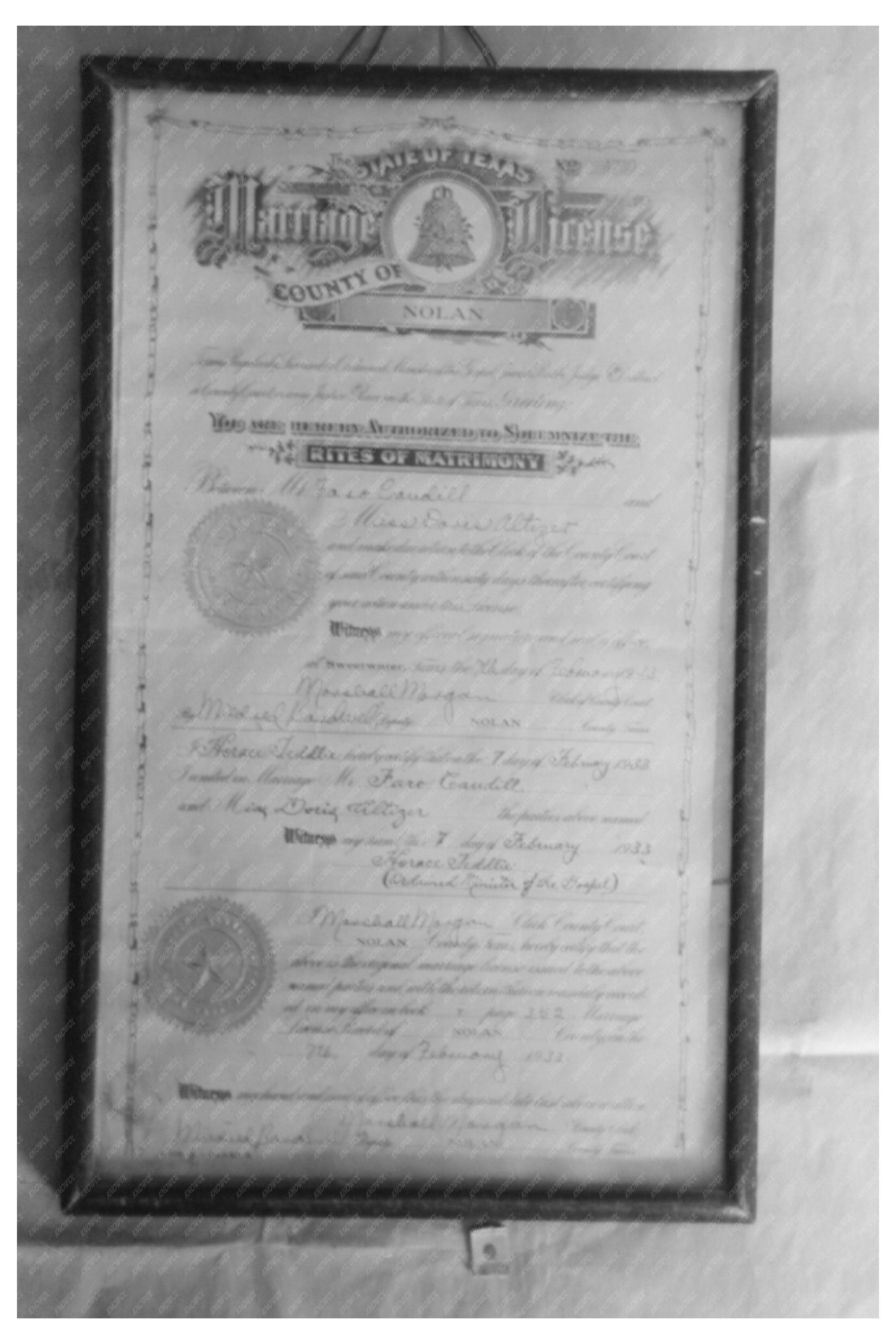 Marriage License of Faro and Doris Caudill February 1933