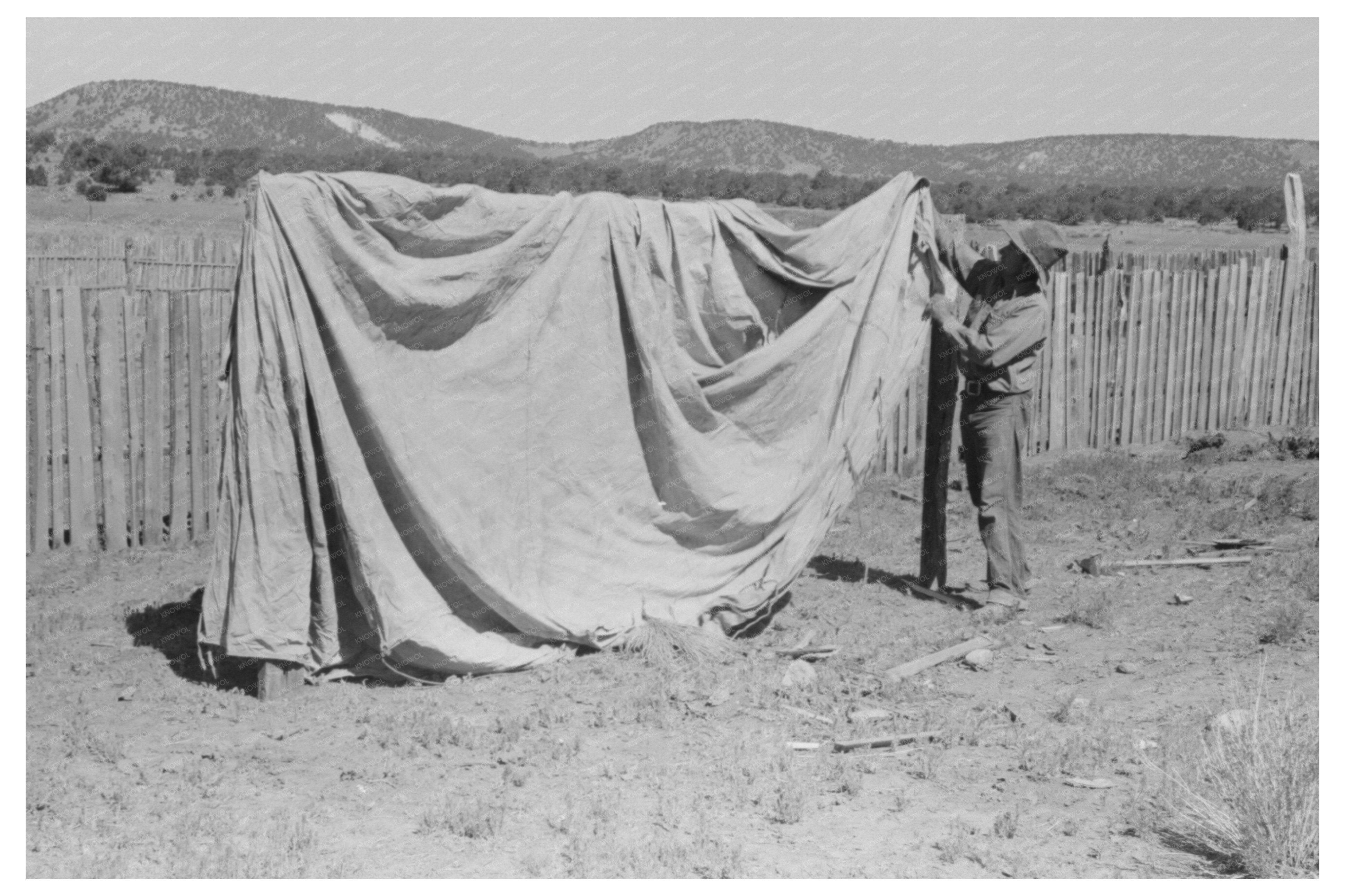 Faro Caudill erects tent in Pie Town New Mexico 1940