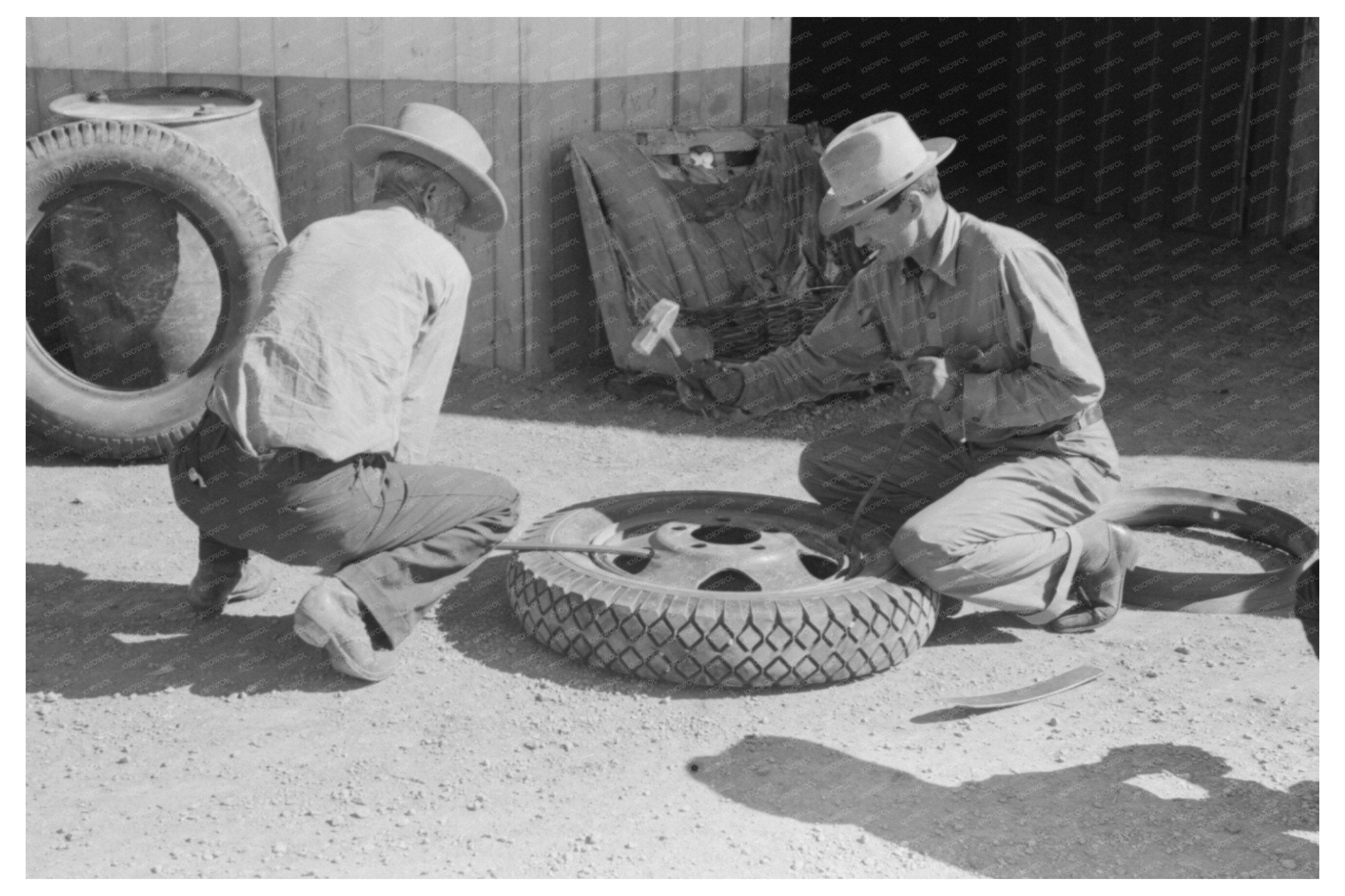 Vintage 1940 Tire Change Scene in Pie Town New Mexico