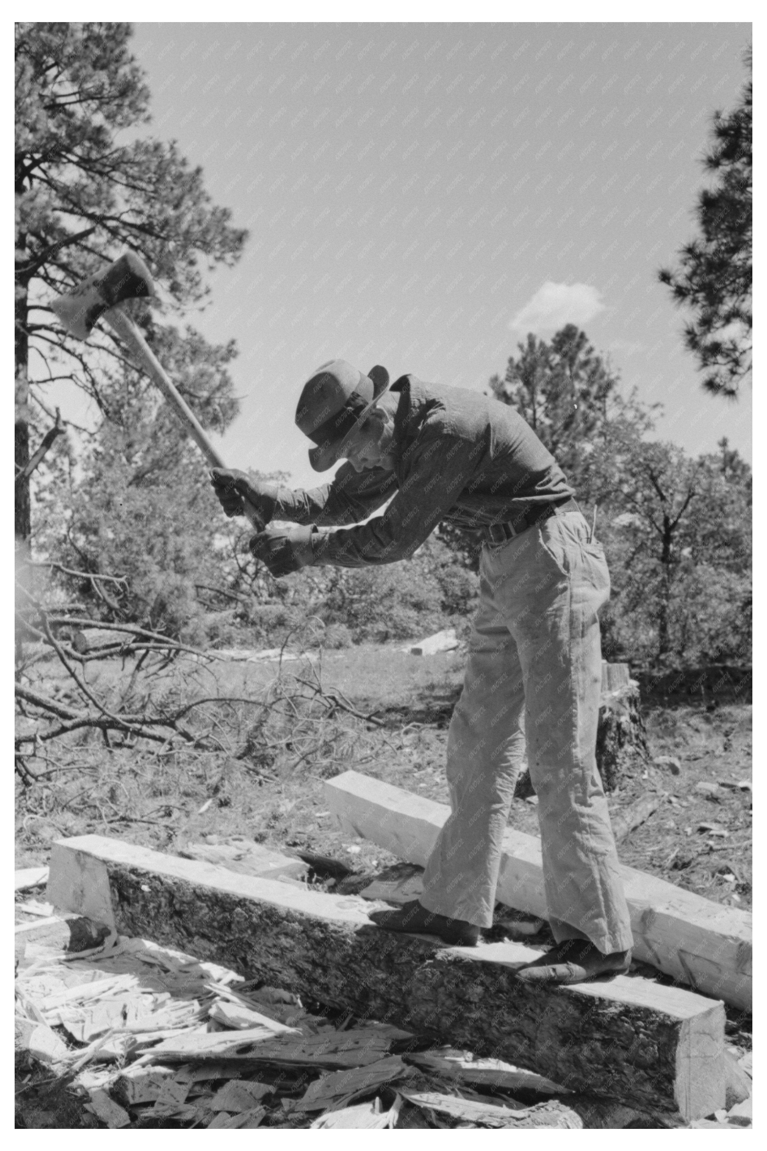 Woodworker Shaping Log into Tie in Pie Town 1940