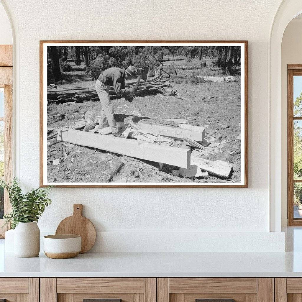 Man Hewing Wooden Tie with Broadaxe in Pie Town 1940